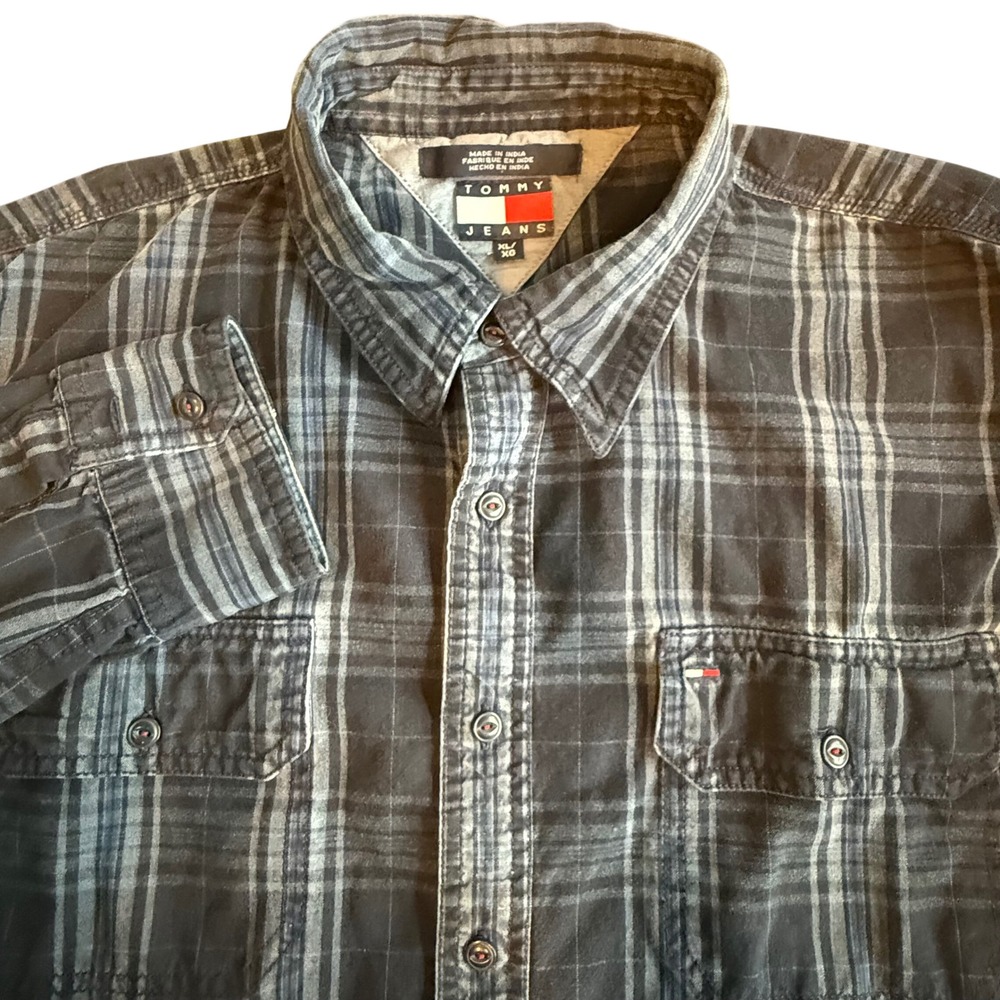 Tommy Jeans Plaid‎ Button Up Shirt Men's XL Long Sleeve Chest Pockets